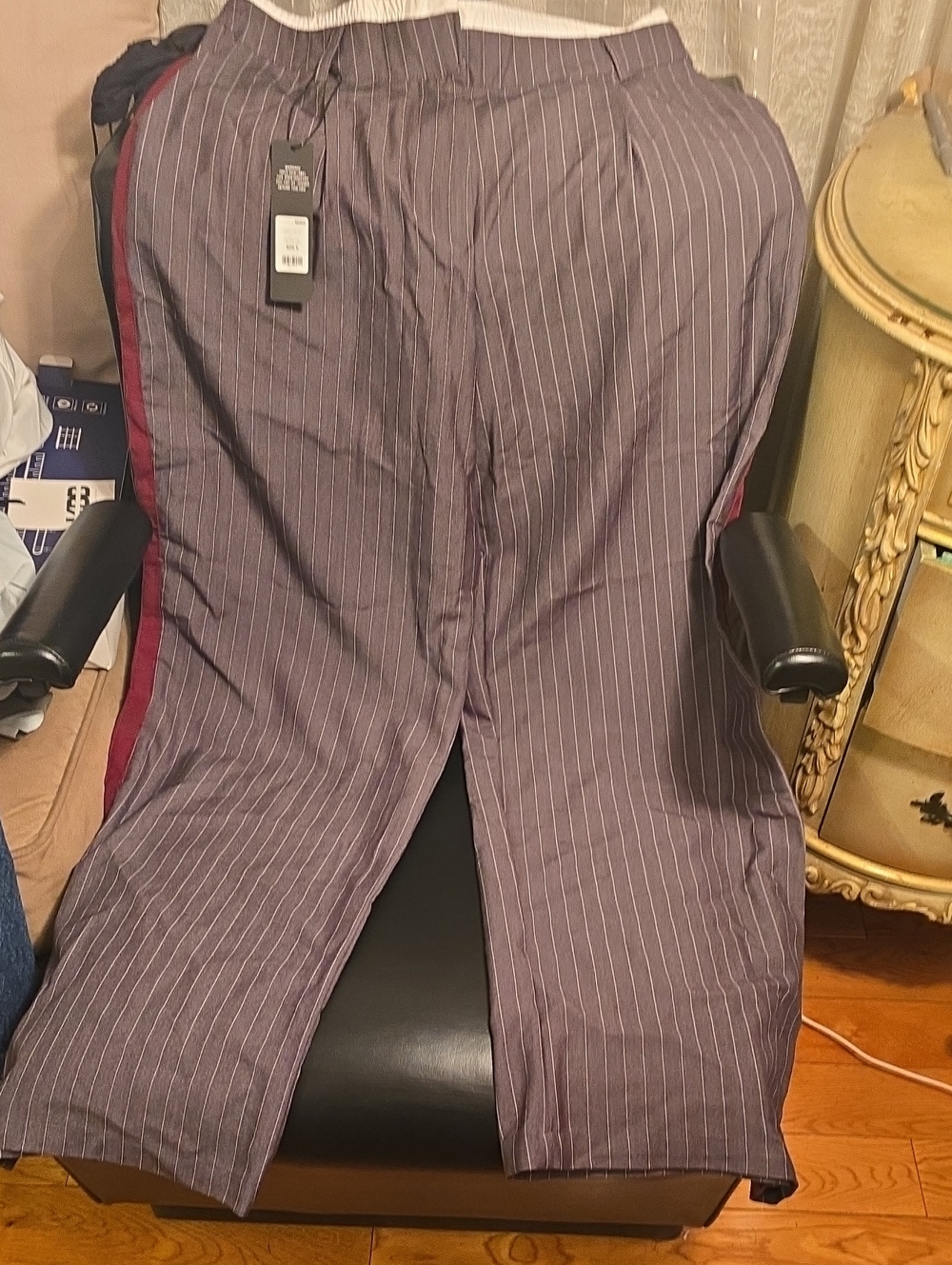 Fashion Nova Women's Pinstripe Track Pants with Maroon Side Stripe